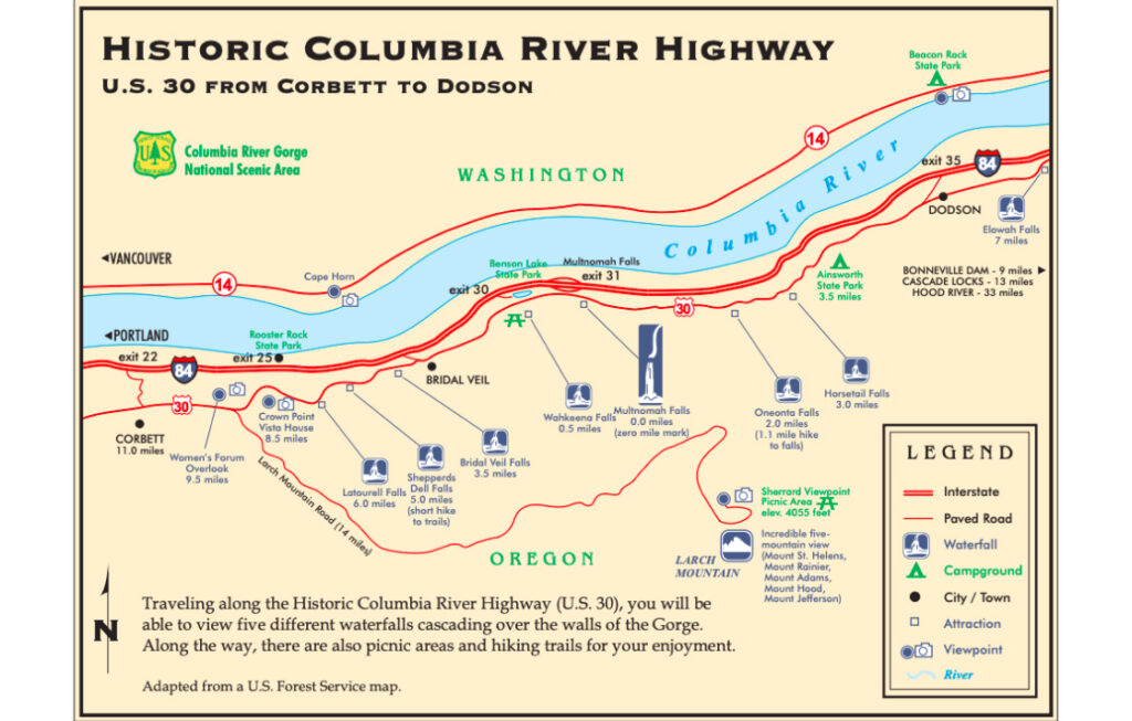 Map of waterfalls on Historic Columbia River Highway