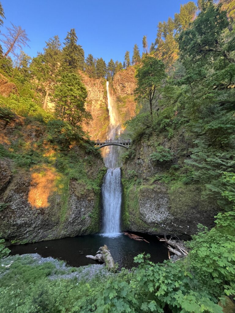 Multnomah Falls at Sunset with a rainbow